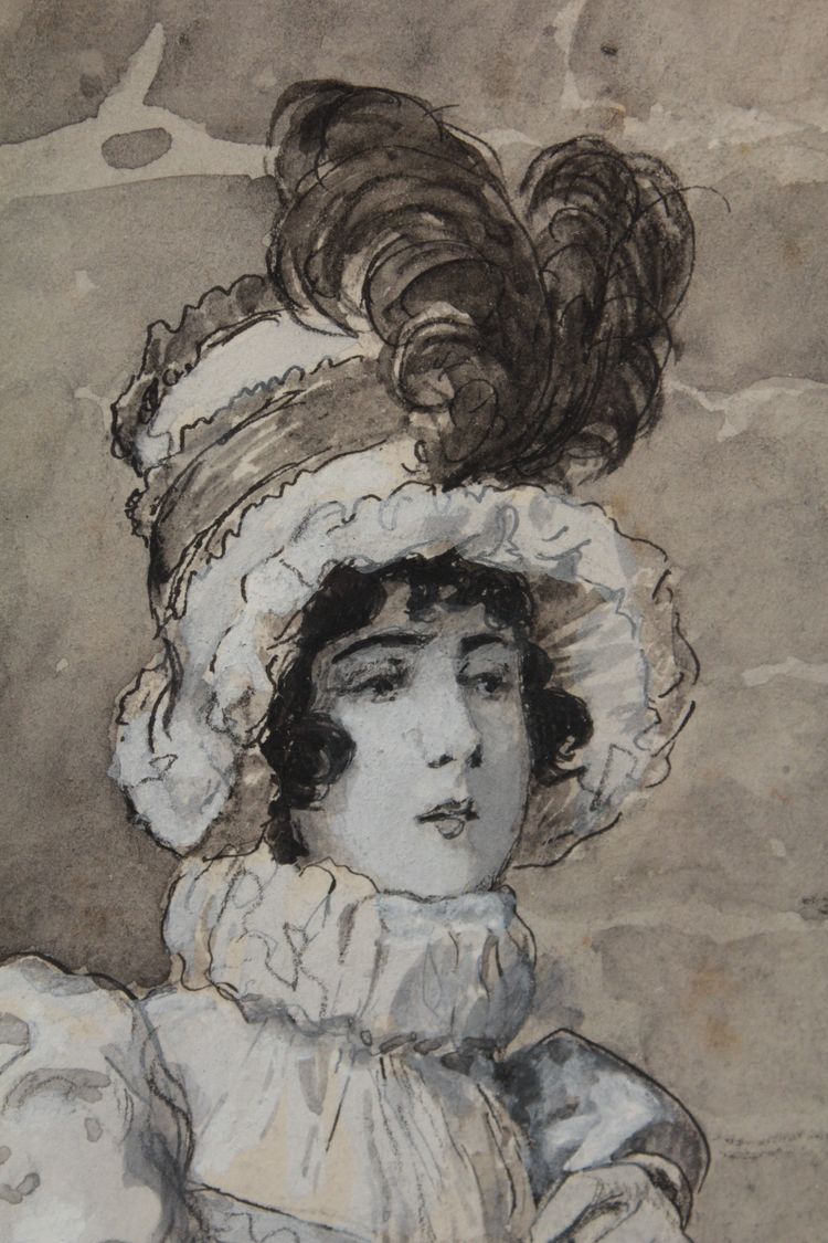 Ink and gouache drawing 'The Visit' Édouard François Zier (1856-1924)