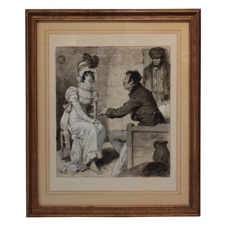 Ink and gouache drawing 'The Visit' Édouard François Zier (1856-1924)