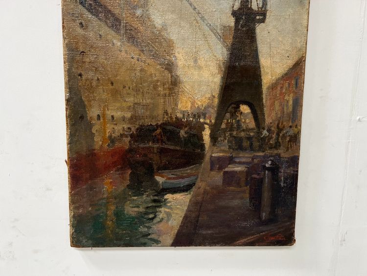 Huile sur toile " Paquebot quittant le quai " XX siècle