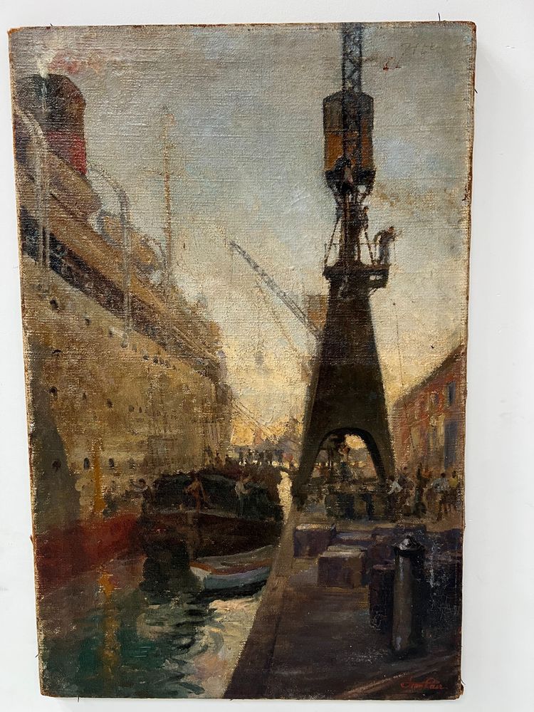 Huile sur toile " Paquebot quittant le quai " XX siècle