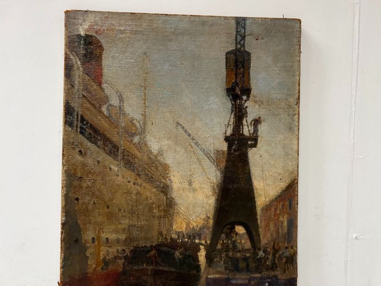 Huile sur toile " Paquebot quittant le quai " XX siècle