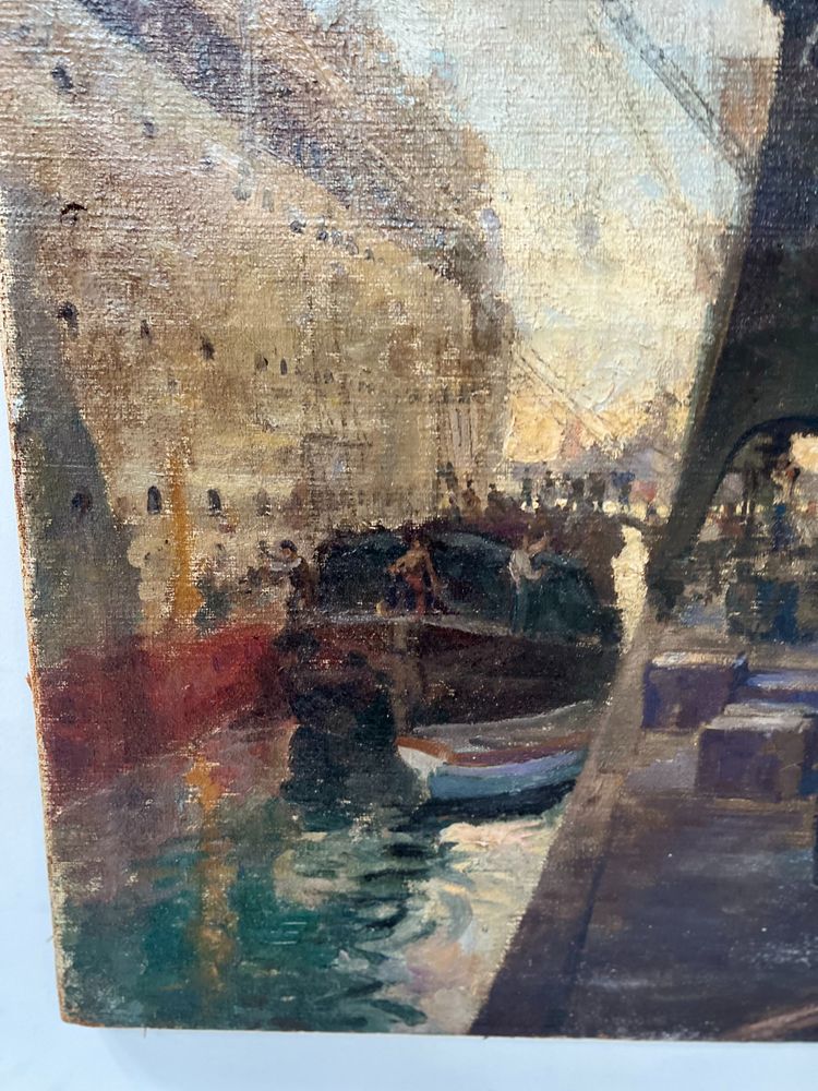 Huile sur toile " Paquebot quittant le quai " XX siècle