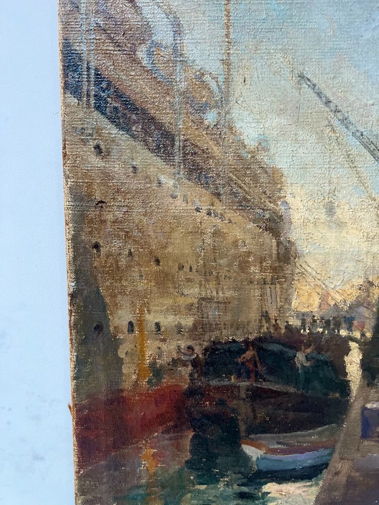 Huile sur toile " Paquebot quittant le quai " XX siècle