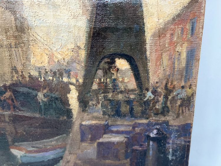 Huile sur toile " Paquebot quittant le quai " XX siècle