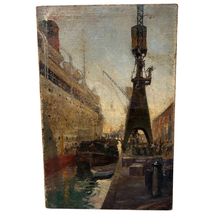 Huile sur toile " Paquebot quittant le quai " XX siècle