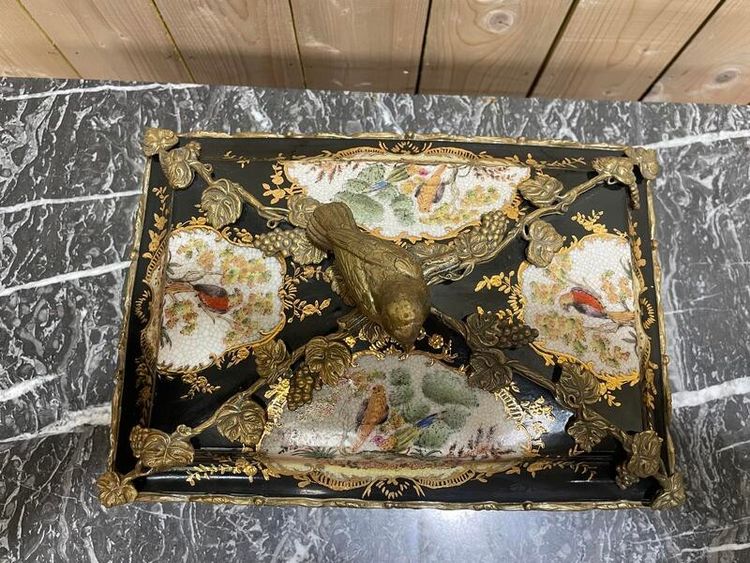 Polychrome and golden porcelain box with Napoleon III bronze mount frame