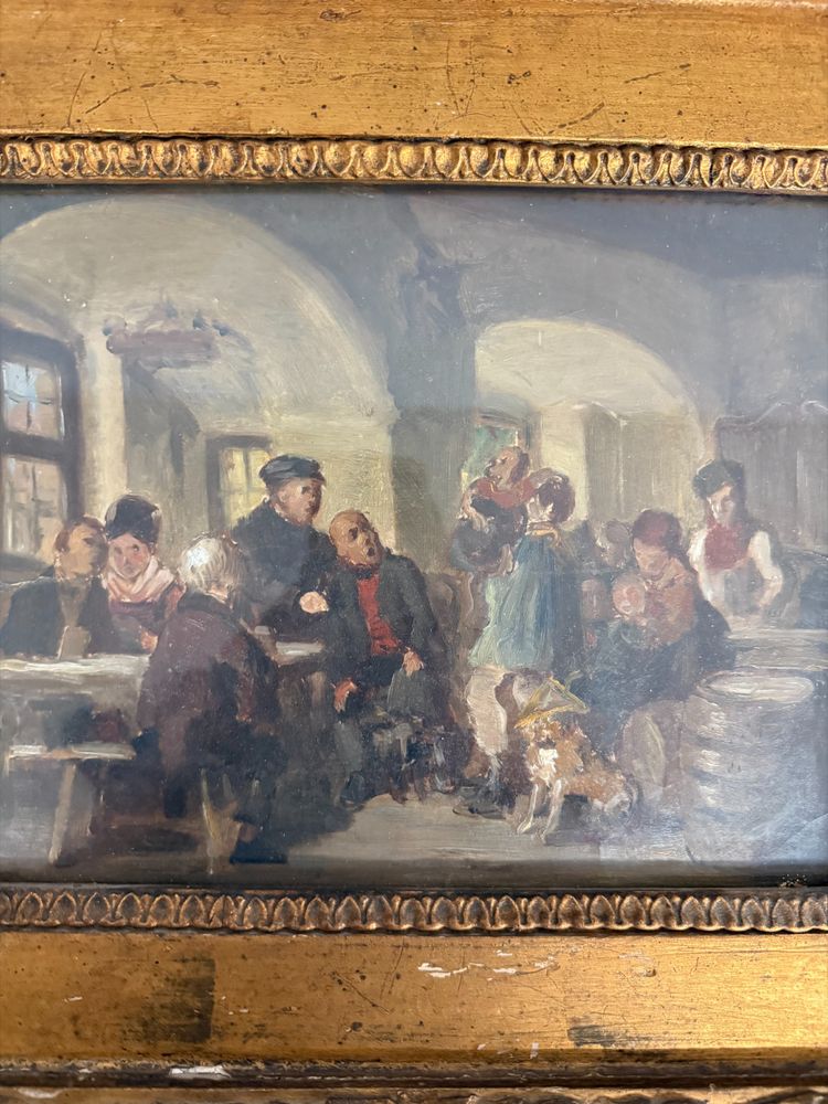 Peinture à l'huile ancienne sur papier Romberg du 19ème siècle dans un cadre ancien, 43x34 cm, représentant une auberge. Cornes