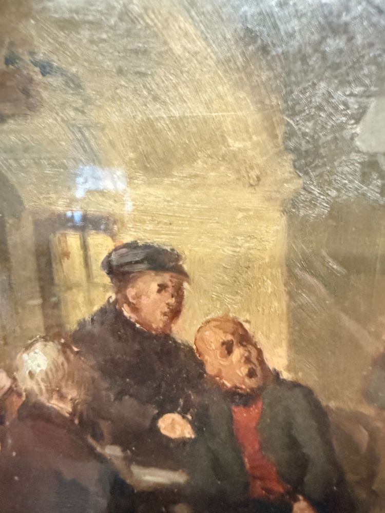 Peinture à l'huile ancienne sur papier Romberg du 19ème siècle dans un cadre ancien, 43x34 cm, représentant une auberge. Cornes