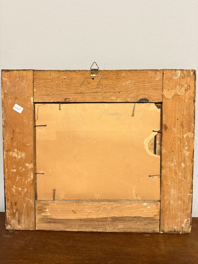 Peinture à l'huile ancienne sur papier Romberg du 19ème siècle dans un cadre ancien, 43x34 cm, représentant une auberge. Cornes
