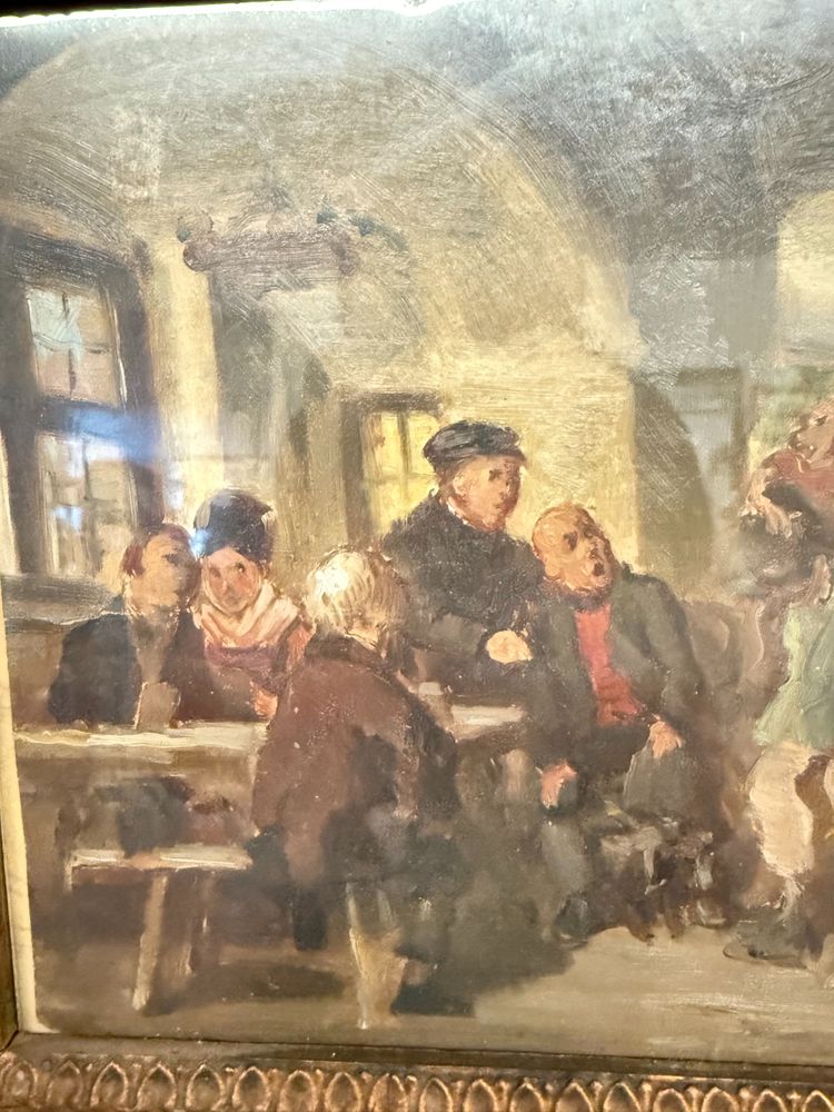 Peinture à l'huile ancienne sur papier Romberg du 19ème siècle dans un cadre ancien, 43x34 cm, représentant une auberge. Cornes