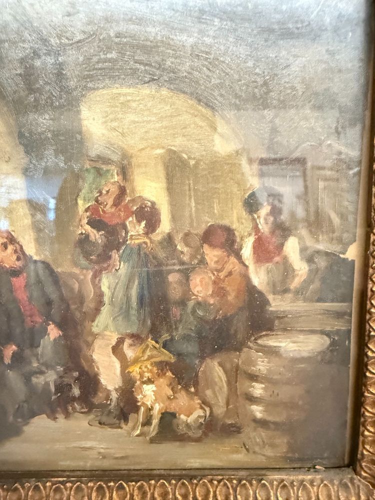 Peinture à l'huile ancienne sur papier Romberg du 19ème siècle dans un cadre ancien, 43x34 cm, représentant une auberge. Cornes