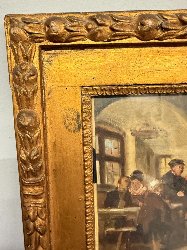 Peinture à l'huile ancienne sur papier Romberg du 19ème siècle dans un cadre ancien, 43x34 cm, représentant une auberge. Cornes