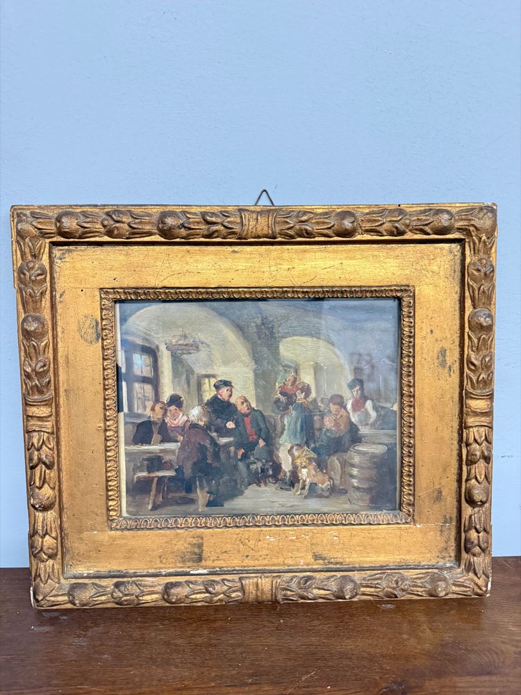 Peinture à l'huile ancienne sur papier Romberg du 19ème siècle dans un cadre ancien, 43x34 cm, représentant une auberge. Cornes