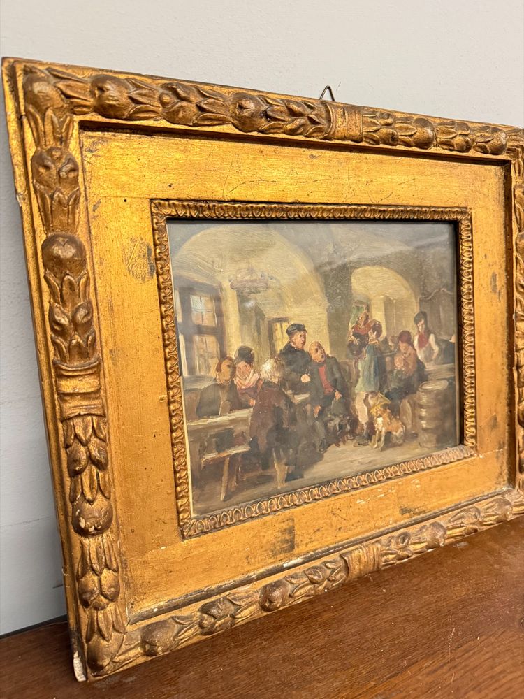 Peinture à l'huile ancienne sur papier Romberg du 19ème siècle dans un cadre ancien, 43x34 cm, représentant une auberge. Cornes