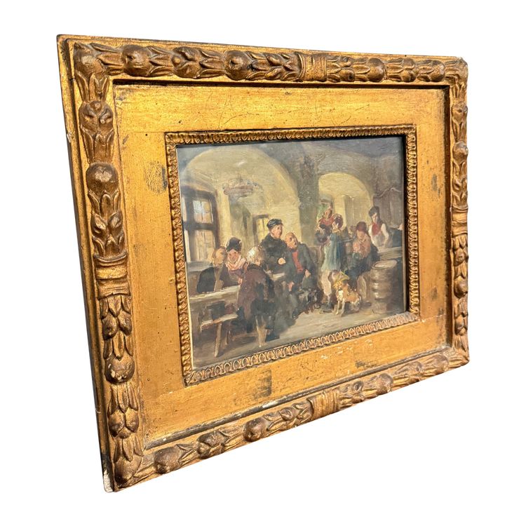 Peinture à l'huile ancienne sur papier Romberg du 19ème siècle dans un cadre ancien, 43x34 cm, représentant une auberge. Cornes