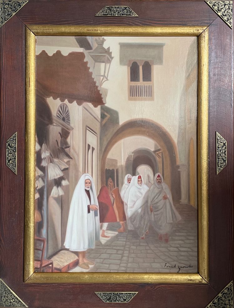 Dipinto orientalista di Foued Zaouche, pittore tunisino, raffigura figure nella Medina di Tunisi