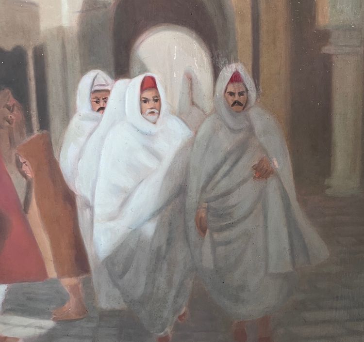Dipinto orientalista di Foued Zaouche, pittore tunisino, raffigura figure nella Medina di Tunisi