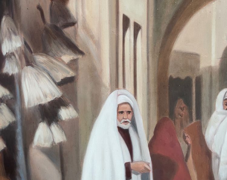 Dipinto orientalista di Foued Zaouche, pittore tunisino, raffigura figure nella Medina di Tunisi