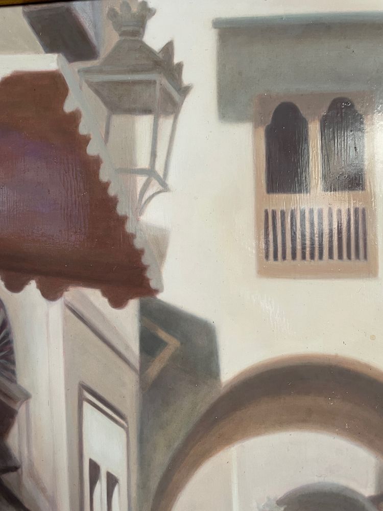 Dipinto orientalista di Foued Zaouche, pittore tunisino, raffigura figure nella Medina di Tunisi