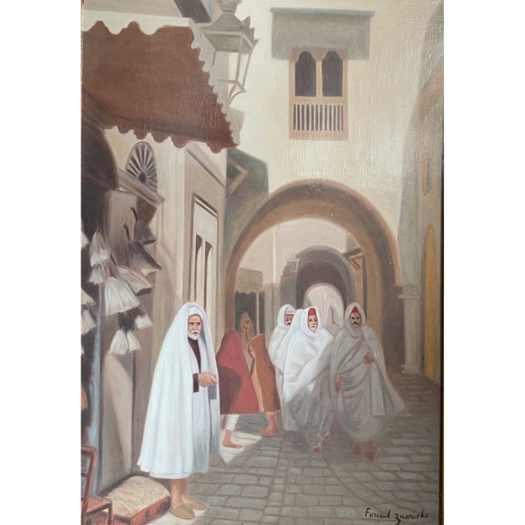 Dipinto orientalista di Foued Zaouche, pittore tunisino, raffigura figure nella Medina di Tunisi