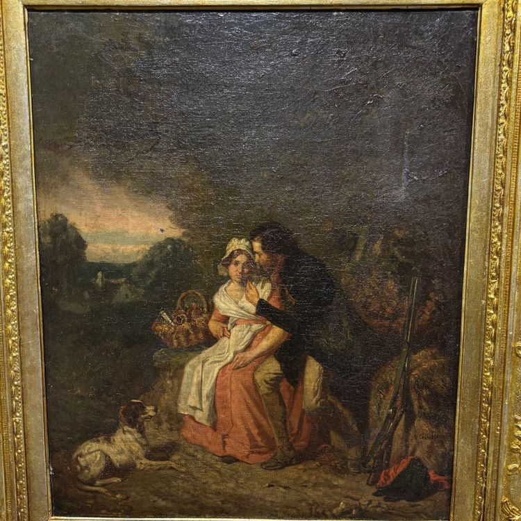 Quadro pittura ad olio scena galante XIX secolo A. Guillemin