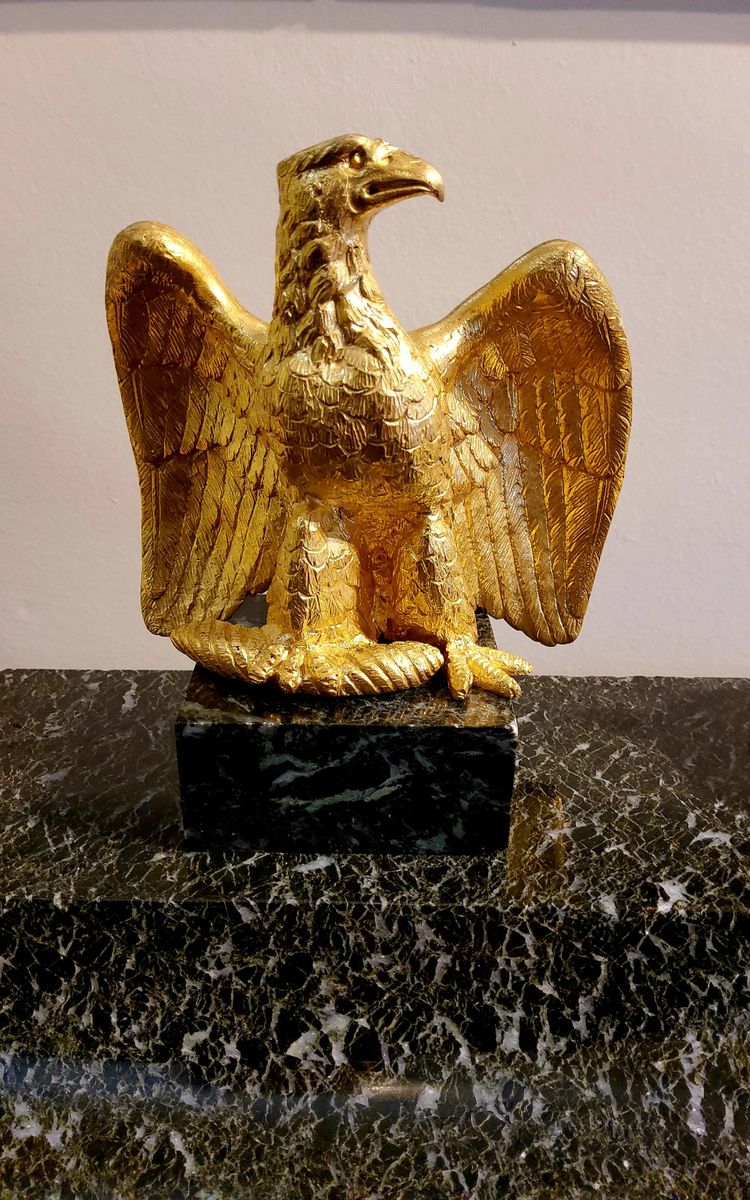 Double Inkwell with Imperial Eagle in gilded bronze and Green Marble, Empire style, 19th century