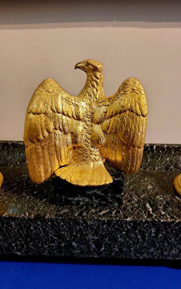 Double Inkwell with Imperial Eagle in gilded bronze and Green Marble, Empire style, 19th century