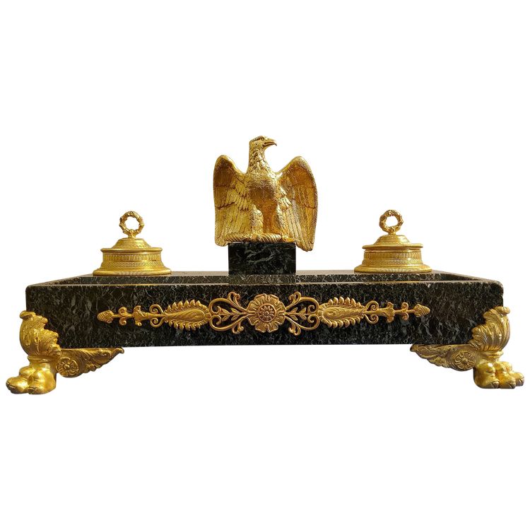 Double Inkwell with Imperial Eagle in gilded bronze and Green Marble, Empire style, 19th century
