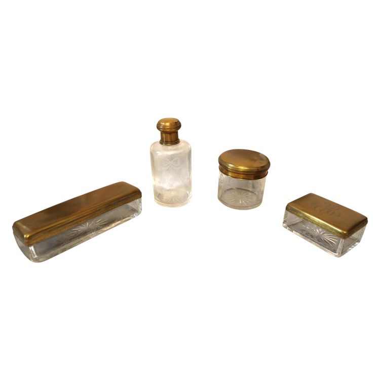 Louis XVI style engraved glass toiletry set, late 19th century