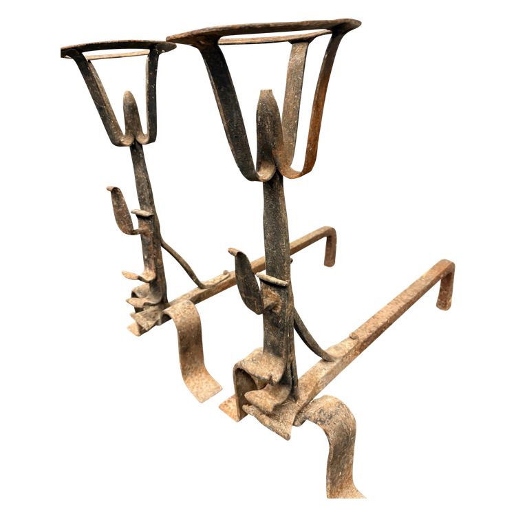 Ancienne paire de chenets toscans en fer forgé, XVIIIe siècle, 57x30 cm