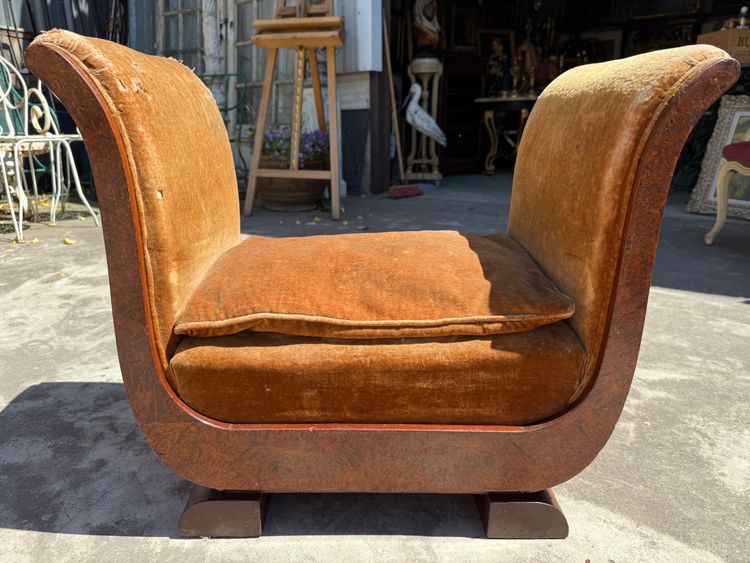 Art Deco period bench / pouf 1930 in amboyna burl and mahogany