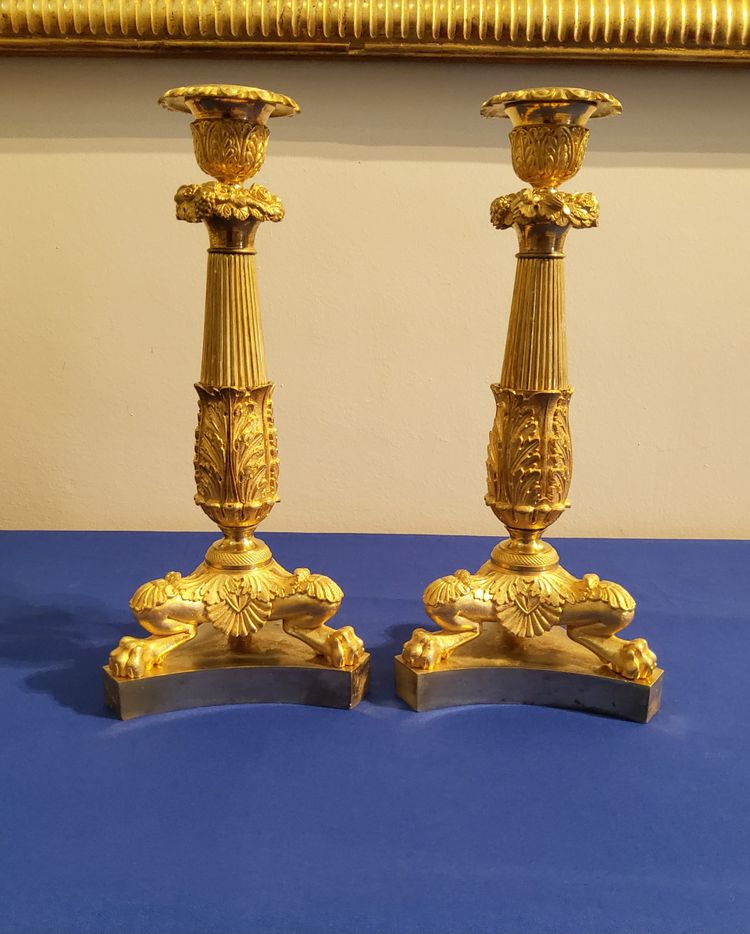 Coppia di candelabri del XIX secolo in bronzo cesellato e dorato, decorati con zampe di leone.
