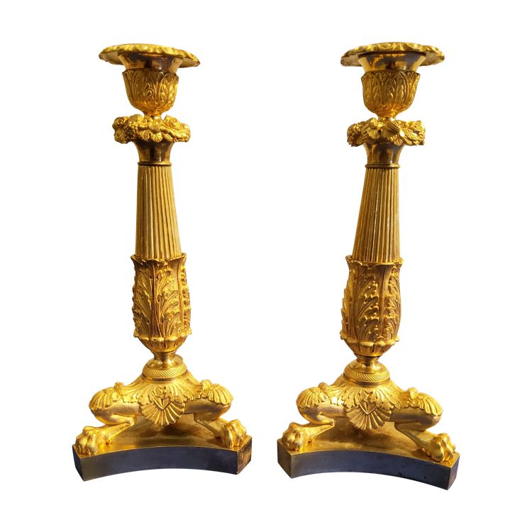 Coppia di candelabri del XIX secolo in bronzo cesellato e dorato, decorati con zampe di leone.