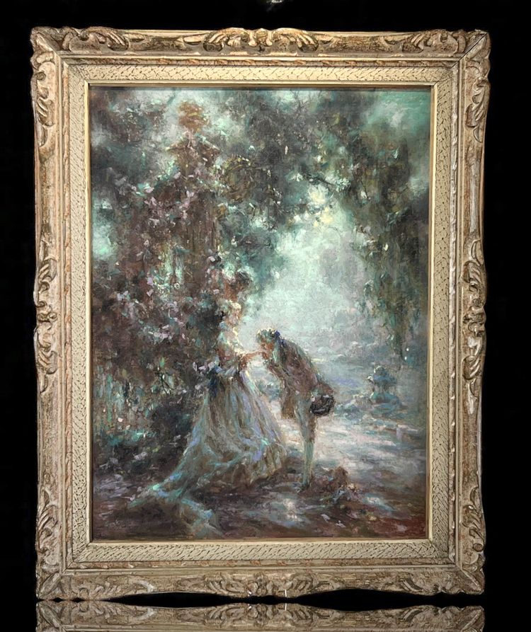 TABLEAU / PASTEL SOUS VERRE DE G. STELLY-DESMOULINS (XIX-XX) " SCENE GALANTE "
