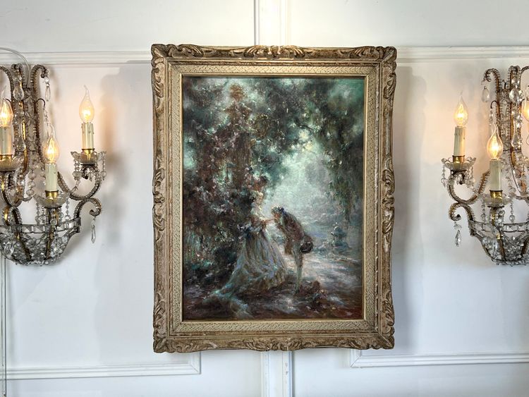 TABLEAU / PASTEL SOUS VERRE DE G. STELLY-DESMOULINS (XIX-XX) " SCENE GALANTE "