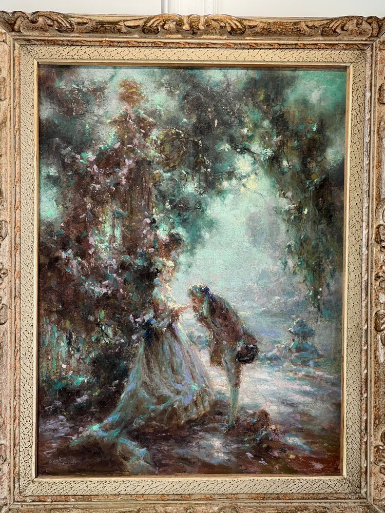 TABLEAU / PASTEL SOUS VERRE DE G. STELLY-DESMOULINS (XIX-XX) " SCENE GALANTE "