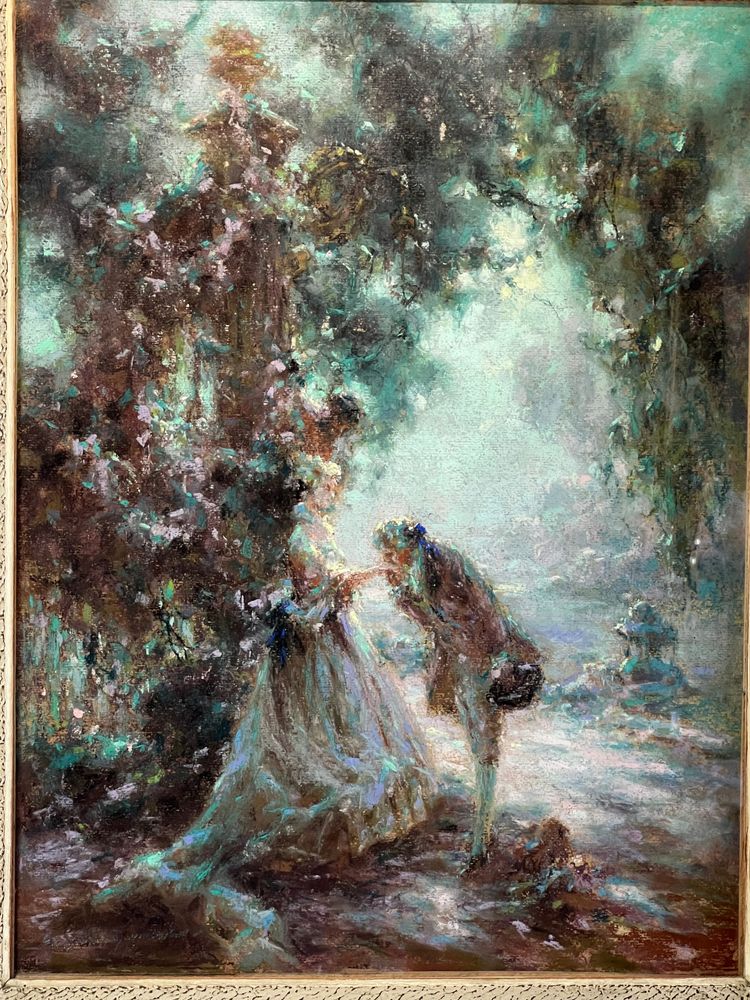 TABLEAU / PASTEL SOUS VERRE DE G. STELLY-DESMOULINS (XIX-XX) " SCENE GALANTE "