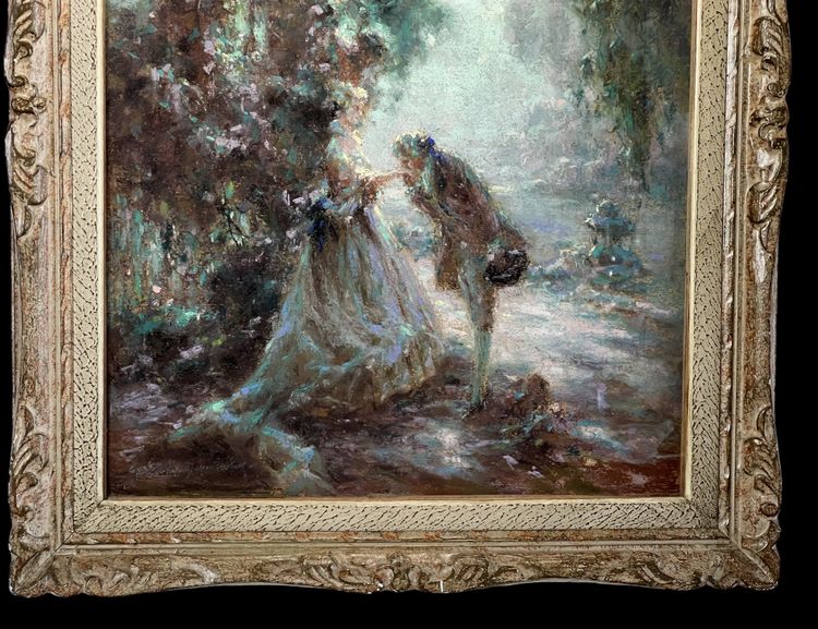 TABLEAU / PASTEL SOUS VERRE DE G. STELLY-DESMOULINS (XIX-XX) " SCENE GALANTE "
