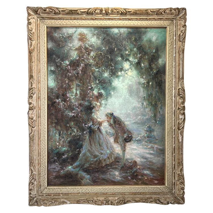 TABLEAU / PASTEL SOUS VERRE DE G. STELLY-DESMOULINS (XIX-XX) " SCENE GALANTE "