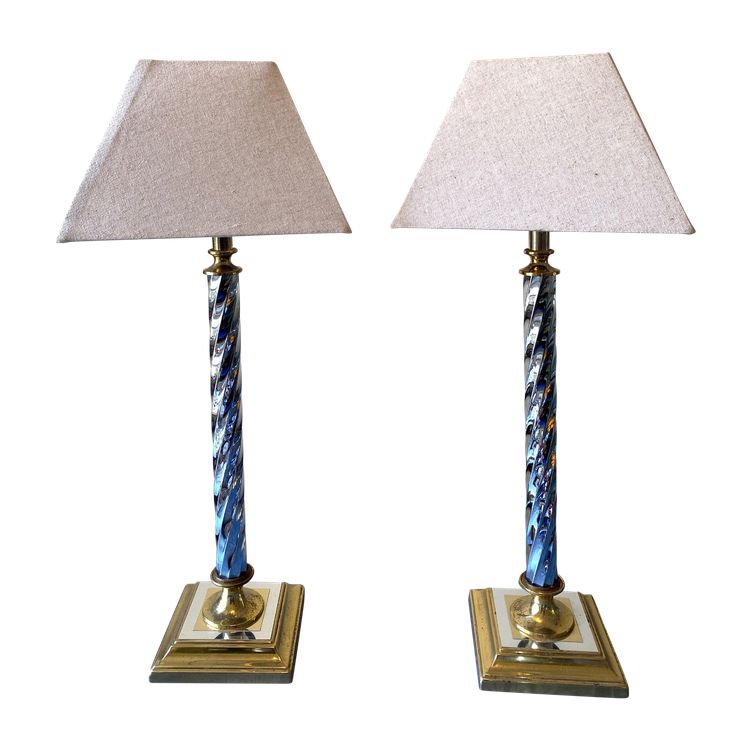 Pair of lamps. Twisted shaft. Chrome and gilded metal. In the style of R. Regarde.