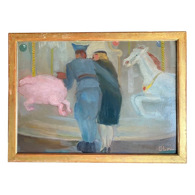 n Permesso. La giostra. O. Lorin. Scuola francese, inizi del XX secolo. Olio su cartone, con cornice. 