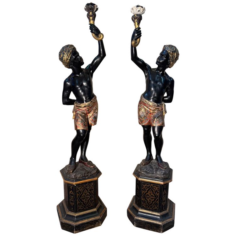 Pair of Nubian wooden torch holders from Venice, 19th century