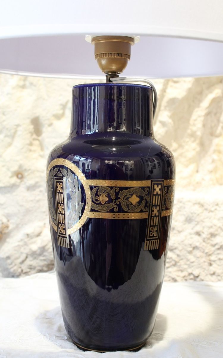Lampe en faïence bleue avec décor à l'or Sarreguemines entre 1835 et 1900