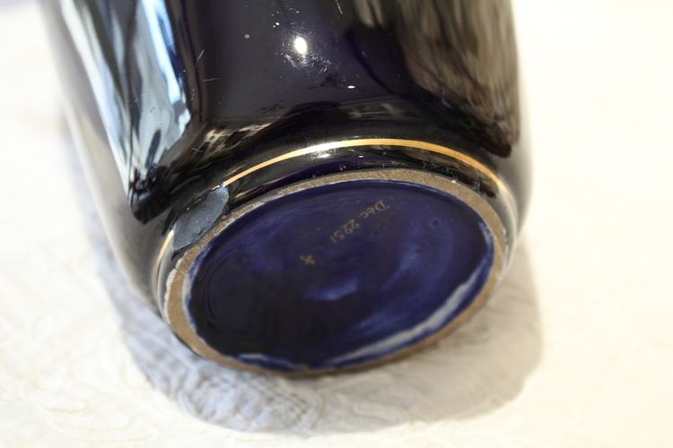 Lampe en faïence bleue avec décor à l'or Sarreguemines entre 1835 et 1900