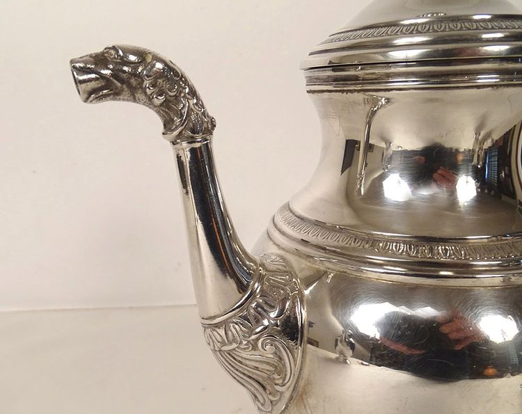 Service à Café Empire Verseuse Cafetière Argent Massif Minerve 1969gr XIXè