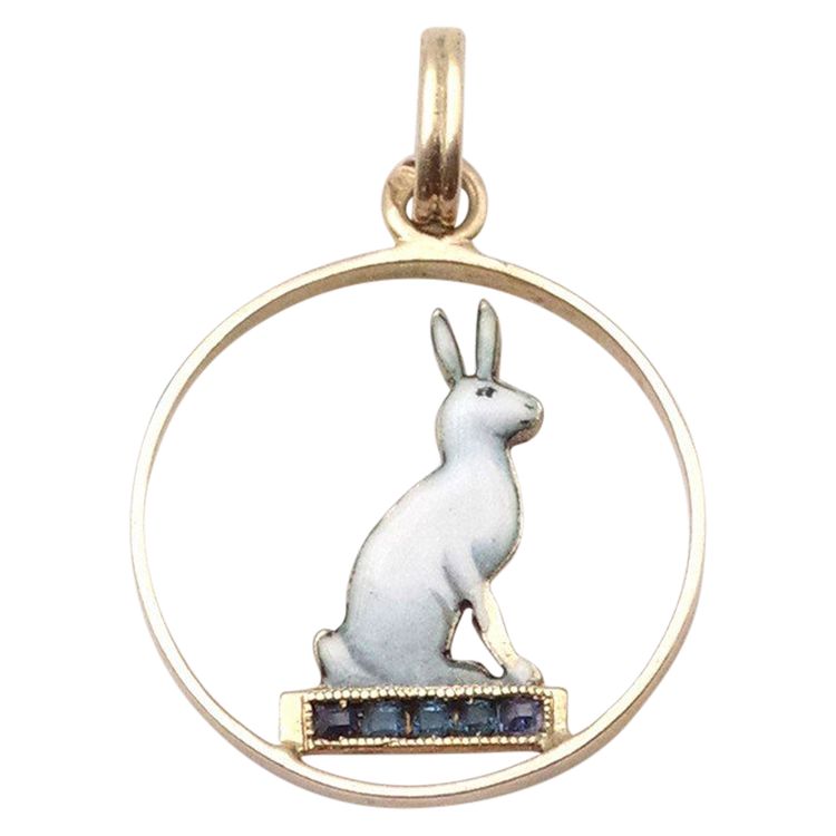 Ciondolo portafortuna coniglio bianco Art Déco in oro 9 carati, fortuna, coniglio bianco, portafortuna