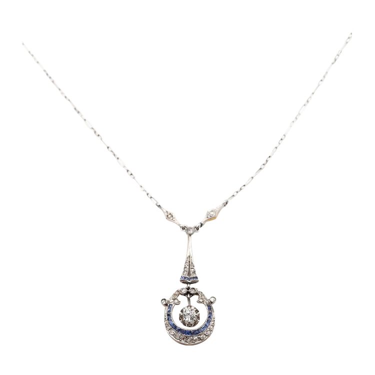 Collier Belle Epoque saphirs en platine et or 18k, collier diamants, collier ancien