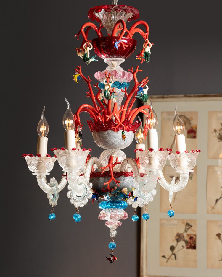 Lampadario in vetro di Murano, decoro marino, circa 1950 