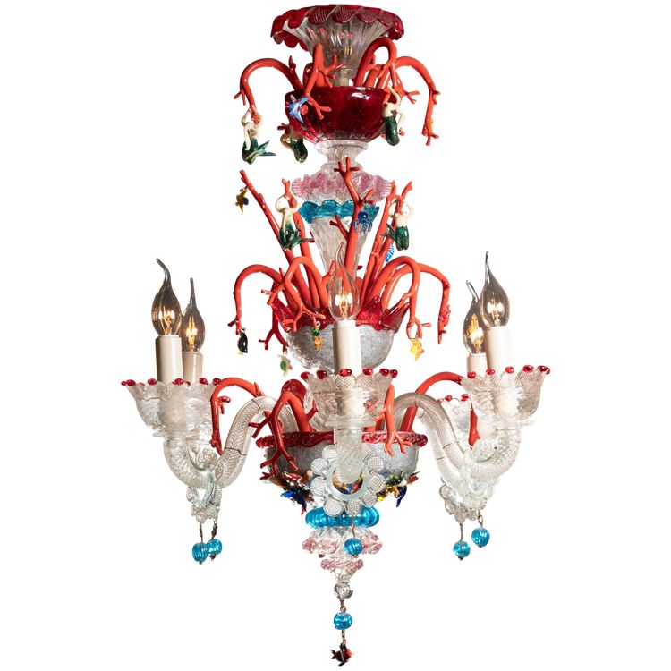 Lampadario in vetro di Murano, decoro marino, circa 1950 