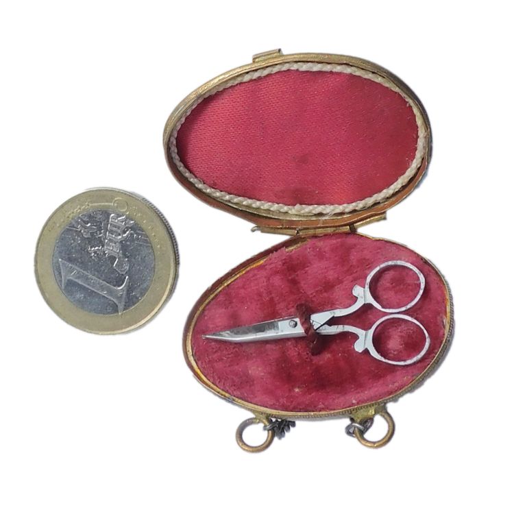 Child's Doll Sewing Kit in Brass Egg Miniature Steel Scissors Late 19th Century